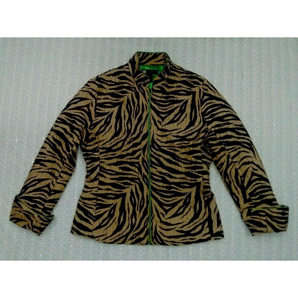 CAROLE LITTLE Silk Animal Print JACKET Brown with Green Satin Lining Size S